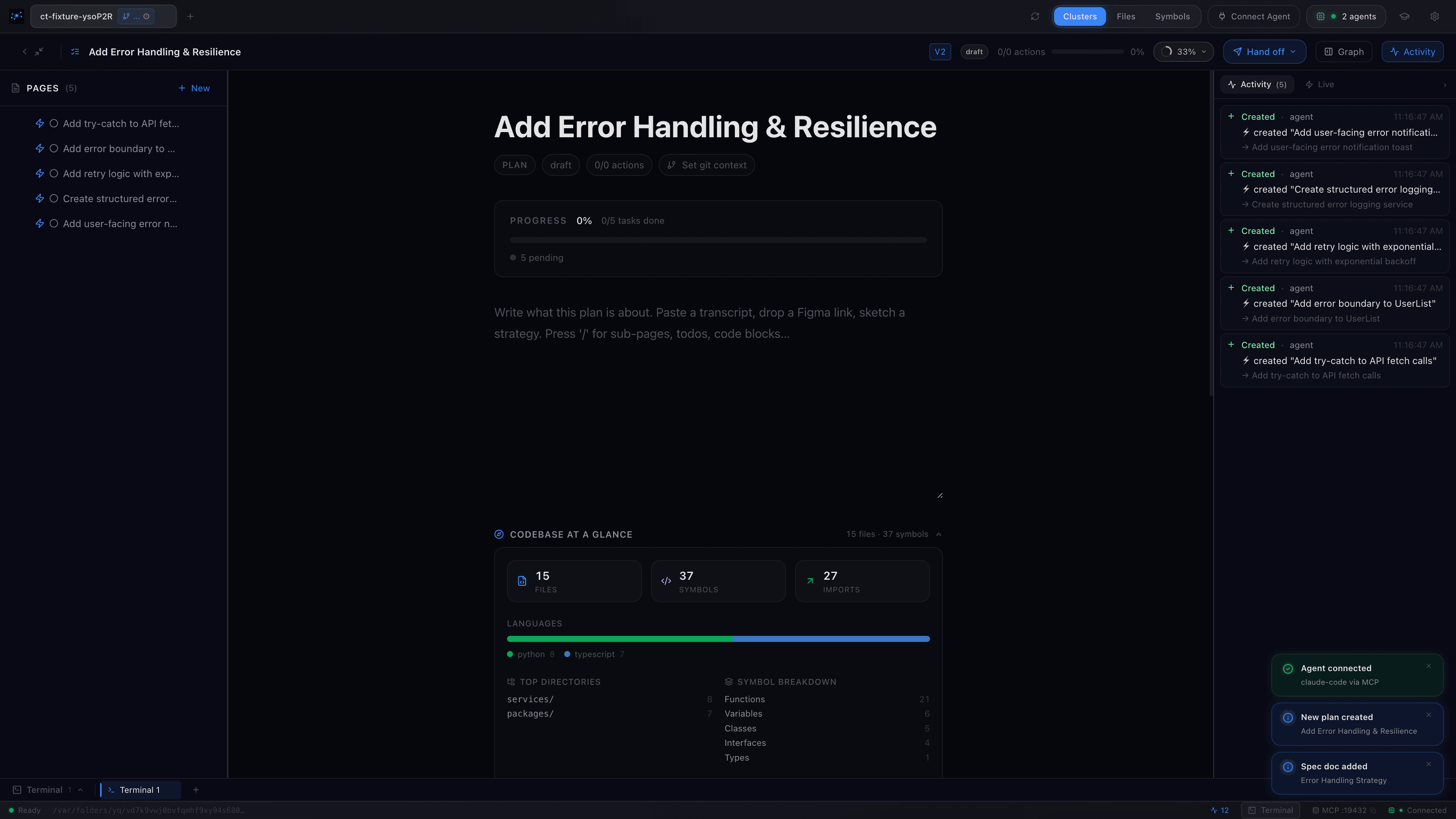 Agent constructing a plan live, with tasks appearing and progress at 65%