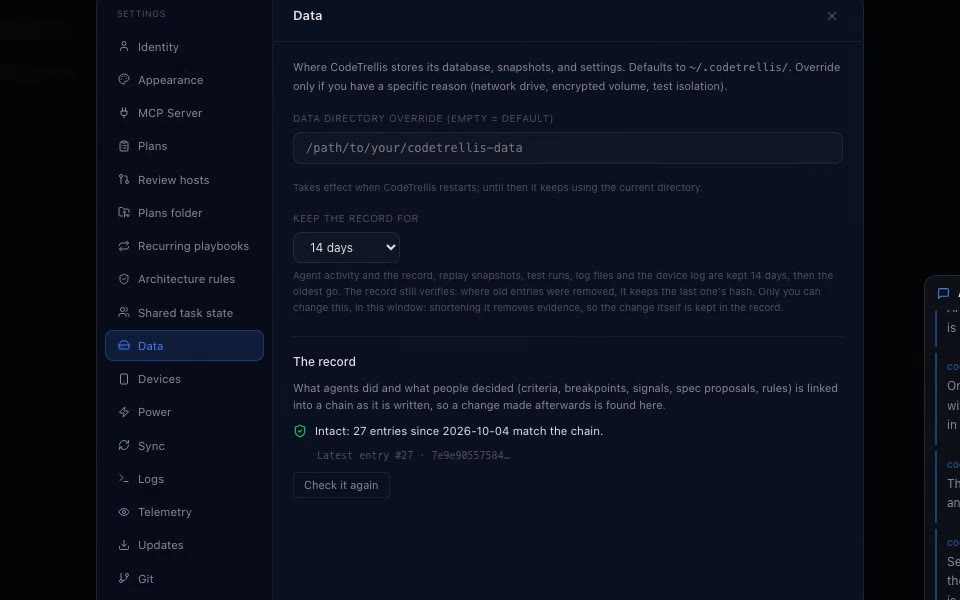 Settings confirms the record is intact: every entry matches the chain.