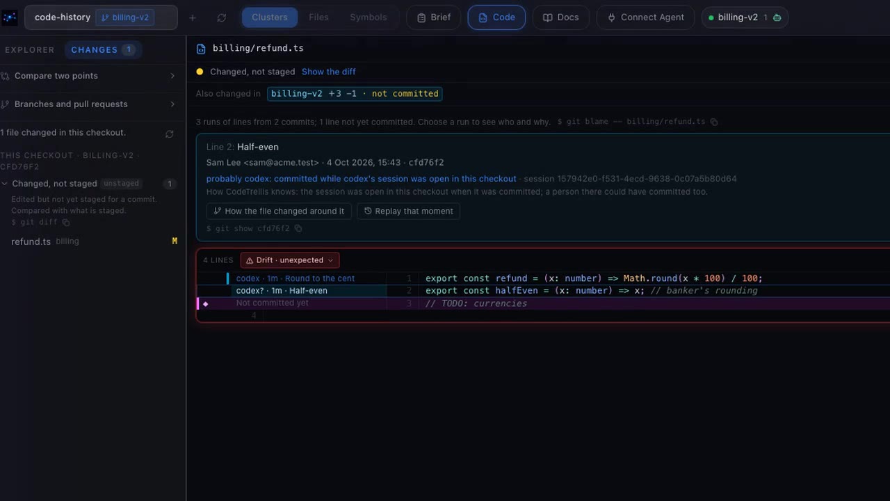 Line history naming codex as the agent that wrote a line, with a drifted line flagged.