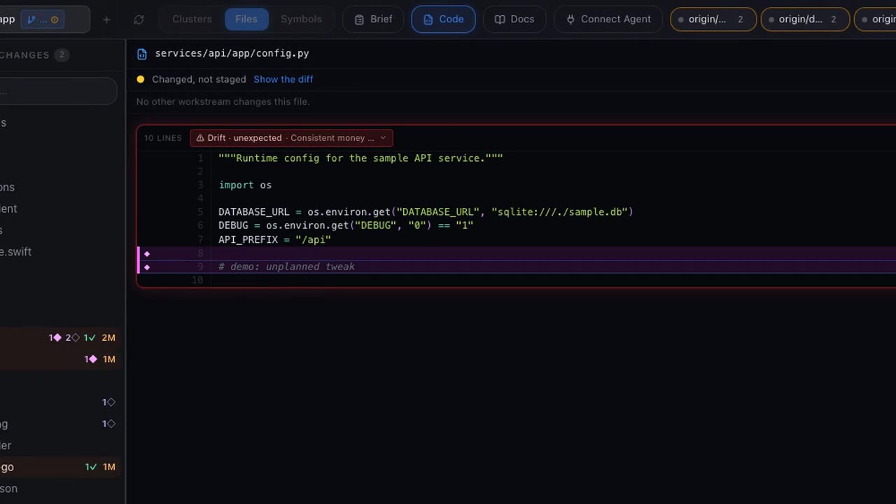 A changed line in config.py flagged as unexpected drift against the plan.