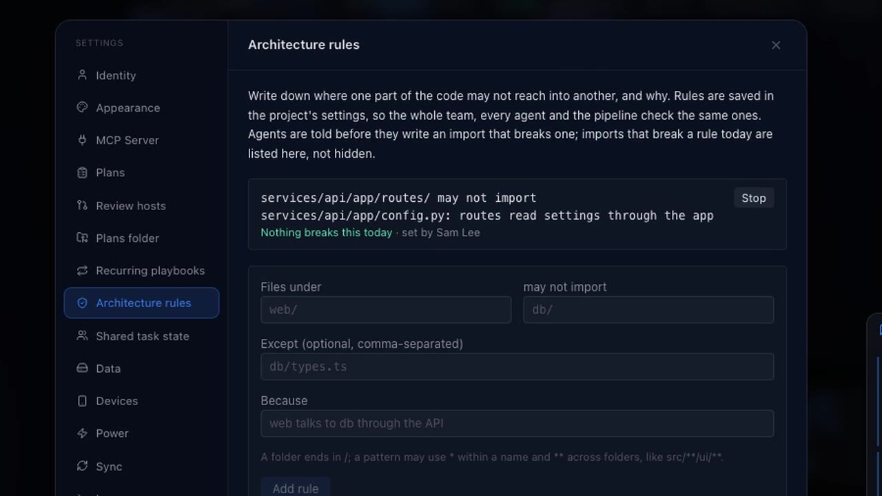 The architecture rule in Settings: services/api/app/routes/ may not import services/api/app/config.py, because routes read settings through the app.