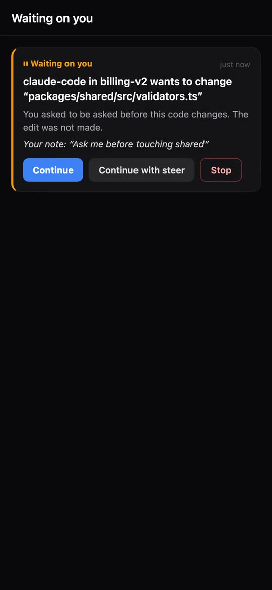 The same breakpoint on the phone: Continue, Continue with steer, or Stop.